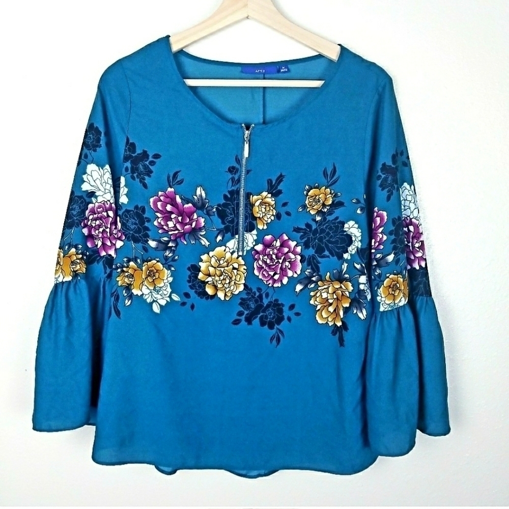 Apt. 9 Bell Sleeve Teal Boho Zipper Floral Top - Picture 2 of 4